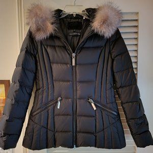 Designer Dawn Levy Black Down Fur Trim Hooded Puffer Jacket
